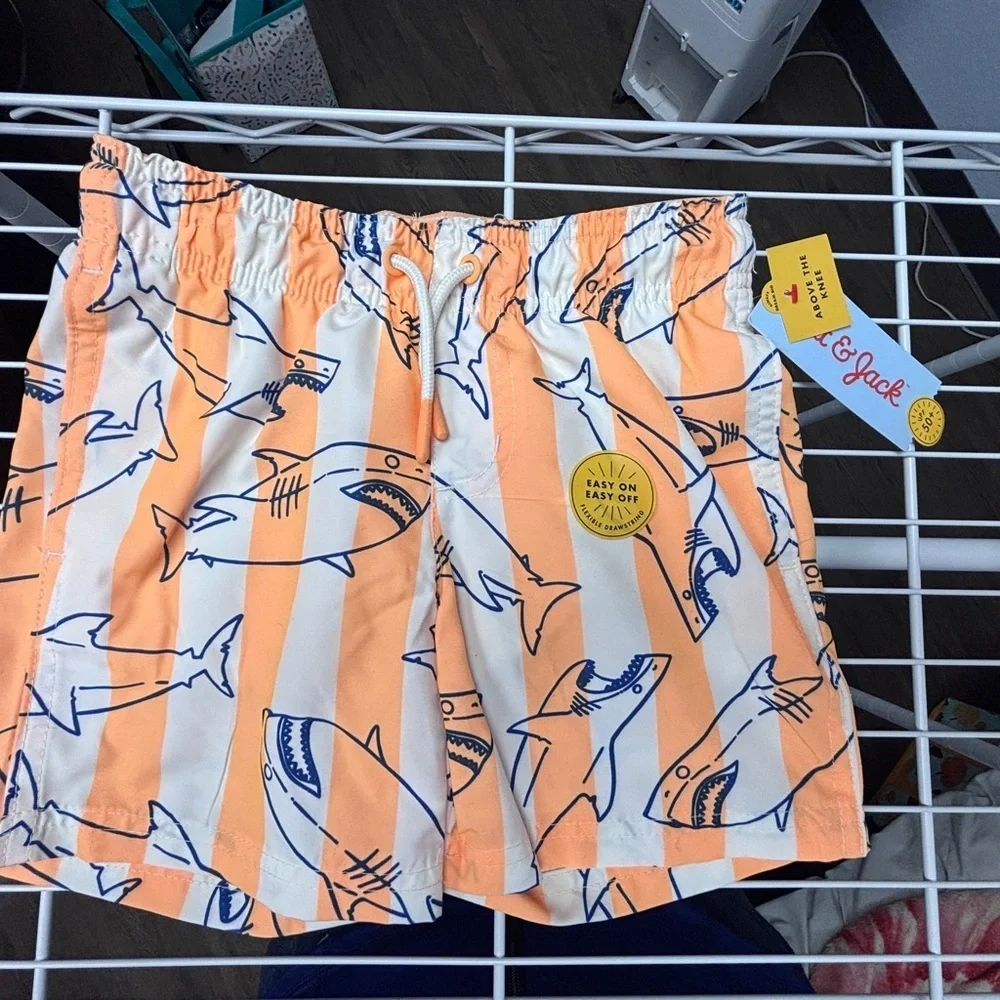 NWT Cat & Jack Irish Twin 4/5yo & 6/7yo JAWS Orange & White Striped Swim Shorts